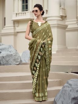 BFM - Ash Green Pure Mal Silk Printed Saree with Unstitched Blouse