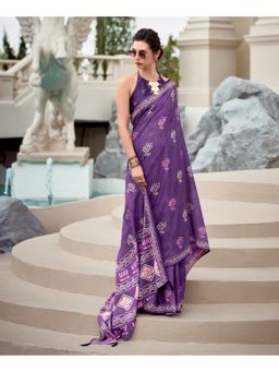 BFM - Ash Purple Pure Mal Silk Printed Saree with Unstitched Blouse