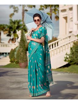BFM - Ash Blue Pure Mal Silk Printed Saree with Unstitched Blouse