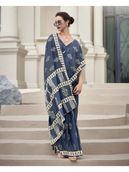 BFM - Ash Teal Pure Mal Silk Printed Saree with Unstitched Blouse