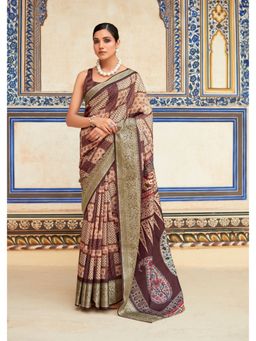 BFM - Brown Handloom Dola Silk Printed Ethnic Motifs Saree with Unstitched Blouse