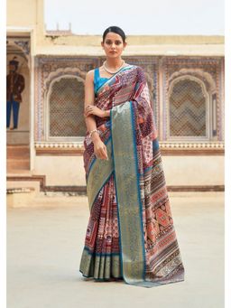 BFM - Aqua Handloom Dola Silk Printed Ethnic Motifs Saree with Unstitched Blouse