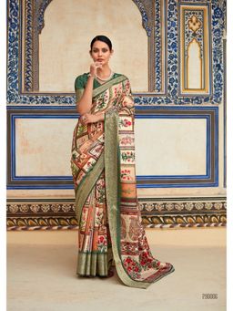 BFM - Green Handloom Dola Silk Printed Ethnic Motifs Saree with Unstitched Blouse