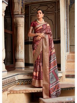 BFM - Maroon Handloom Dola Silk Printed Ethnic Motifs Saree with Unstitched Blouse