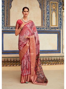 BFM - Pink Handloom Dola Silk Printed Ethnic Motifs Saree with Unstitched Blouse
