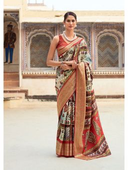 BFM - Red Handloom Dola Silk Printed Ethnic Motifs Saree with Unstitched Blouse