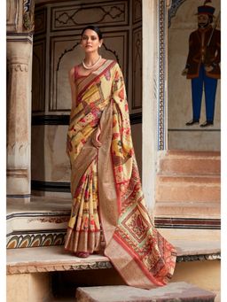 BFM - Yellow Handloom Dola Silk Printed Ethnic Motifs Saree with Unstitched Blouse