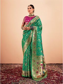BFM - Green Paithani Silk Woven Design Saree with Unstitched Blouse