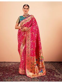 BFM - Red Paithani Silk Woven Design Saree with Unstitched Blouse