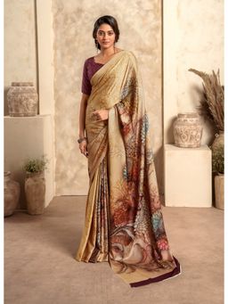 BFM - Antique Gold Satin Crepe Silk Printed Saree with Unstitched Blouse