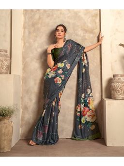 BFM - Antique Blue Satin Crepe Silk Printed Saree with Unstitched Blouse
