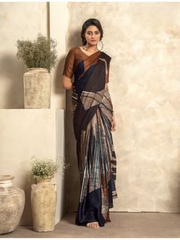 BFM - Antique Multi-Color Satin Crepe Silk Printed Saree with Unstitched Blouse
