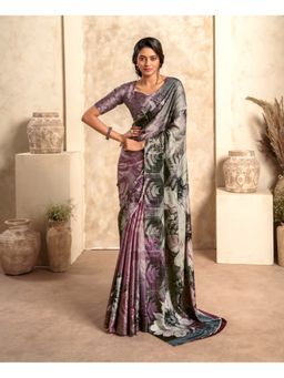 BFM - Antique Lavender Satin Crepe Silk Printed Saree with Unstitched Blouse