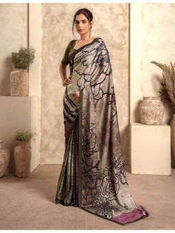 BFM - Antique Grey Satin Crepe Silk Printed Saree with Unstitched Blouse