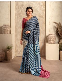 BFM - Antique Blue Satin Crepe Silk Printed Saree with Unstitched Blouse
