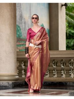 BFM - Gold Tissue Silk and Printed Design Saree with Unstitched Blouse