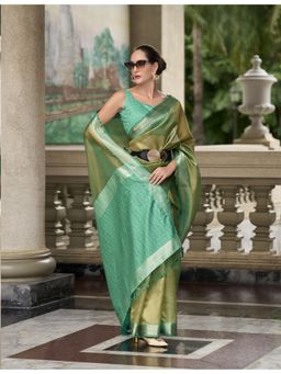 BFM - Green Tissue Silk and Printed Design Saree with Unstitched Blouse