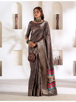 BFM - Grey Soft Dola Silk Woven Design Ethnic Motifs Saree with Unstitched Blouse