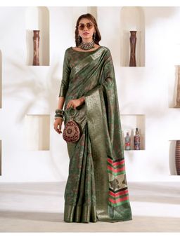 BFM - Olive Soft Dola Silk Woven Design Ethnic Motifs Saree with Unstitched Blouse