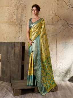 Vedant Vastram - Mustard Soft Litchi Silk Kanjeevaram Saree with Unstitched Blouse