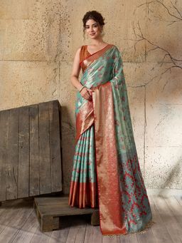 Vedant Vastram - Aqua Soft Litchi Silk Kanjeevaram Saree with Unstitched Blouse