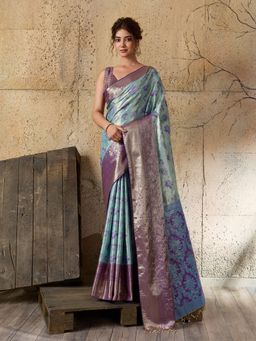 Vedant Vastram - Indigo Soft Litchi Silk Kanjeevaram Saree with Unstitched Blouse