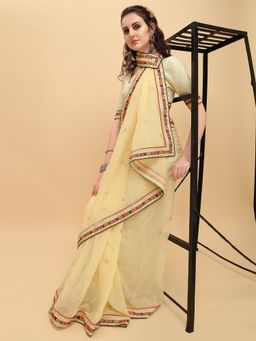 Kartika - Cream Georgette Embroidered Floral Motifs Saree with Unstitched Blouse
