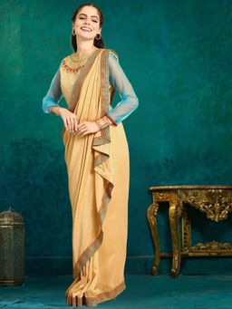 Kartika - Silk Blend Beige Ruffle Border Saree with Unstitched Blouse
