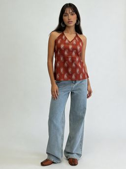 Rangita - Maroon Rangita Cotton Paisley Halter Neck Sleeveless Tie-Up Top