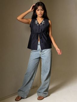 Rangita - Navy Blue Rangita Polyester Embroidered Sleeveless V-Neck Tie-Up Top