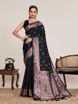 Vedant Vastram - Black Soft Litchi Silk Banarasi Saree with Unstitched Blouse