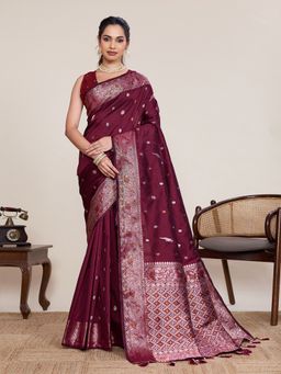 Vedant Vastram - Maroon Soft Litchi Silk Banarasi Saree with Unstitched Blouse
