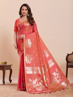 Vedant Vastram - Orange Litchi Silk Fancy Jacquard Bollywood Saree with Unstitched Blouse