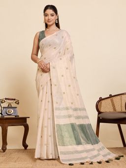 Vedant Vastram - Green Linen Embroidered Work Fancy Bollywood Saree with Unstitched Blouse
