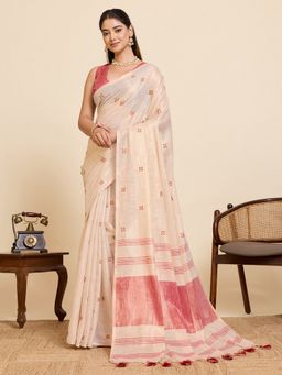 Vedant Vastram - Pink Linen Embroidered Work Fancy Bollywood Saree with Unstitched Blouse
