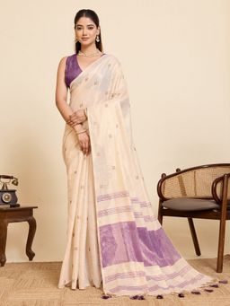 Vedant Vastram - Purple Linen Embroidered Work Fancy Bollywood Saree with Unstitched Blouse