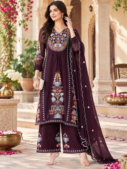 Gahan - Womens Wine Georgette Thread Embroidery Kurta with Palazzo & Dupatta