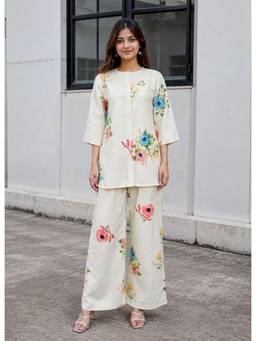 Gahan - Womens Off White Floral Printed Khadi Cotton Kurti with Palazzo