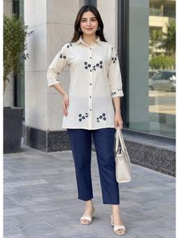 Gahan - Womens Navy Blue Floral Embroidered Khadi Cotton Co-Ord Set