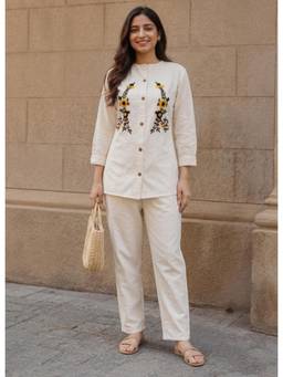 Gahan - Womens Off White Floral Embroidered Khadi Cotton Co-Ord Set