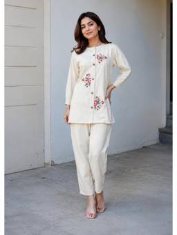 Gahan - Womens Off White Floral Embroidered Khadi Cotton Co-Ord Set