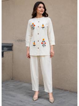 Gahan - Womens Off White Floral Embroidered Khadi Cotton Co-Ord Set