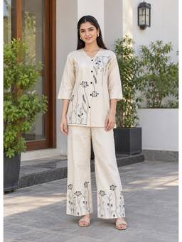 Gahan - Womens Off White Thread Embroidered Cotton Blend Kurti with Pant