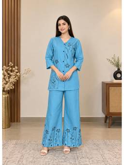 Gahan - Womens Sky Blue Thread Embroidered Cotton Blend Kurti with Pant