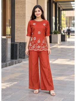 Gahan - Womens Rust Thread Embroidered Cotton Blend Co-Ord Set