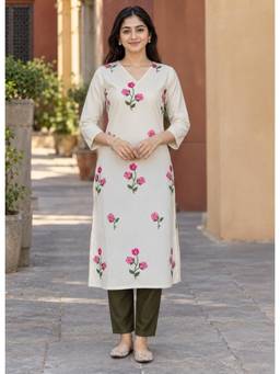 Gahan - Womens Off White Floral Thread Embroidered Kurta with Pant