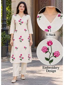 Gahan - Womens Off White Floral Thread Embroidered Kurta with Pant