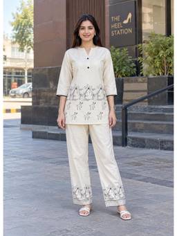 Gahan - Womens Off White Thread Embroidered Khadi Cotton Co-Ord Set