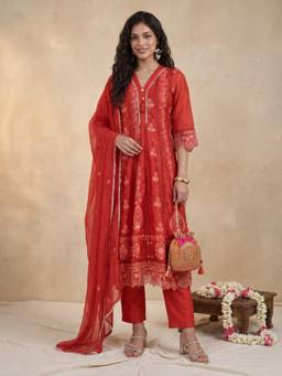 Gajra Gang - Floral Rust Embroidered Anarkali Kurta with Pant & Dupatta