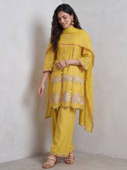 Gajra Gang - Womens Yellow Mul Embroidered Anarkali Kurta with Pant & Dupatta